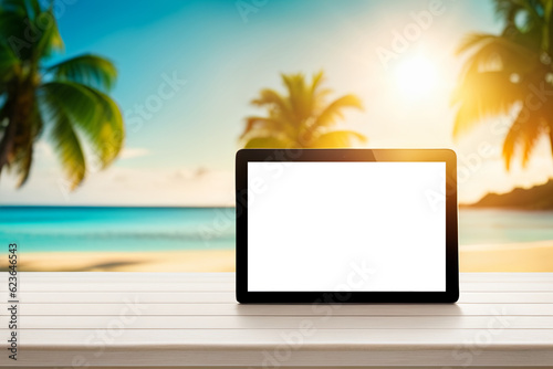 Tablet pc with beach  sea and palm trees on the background mockup