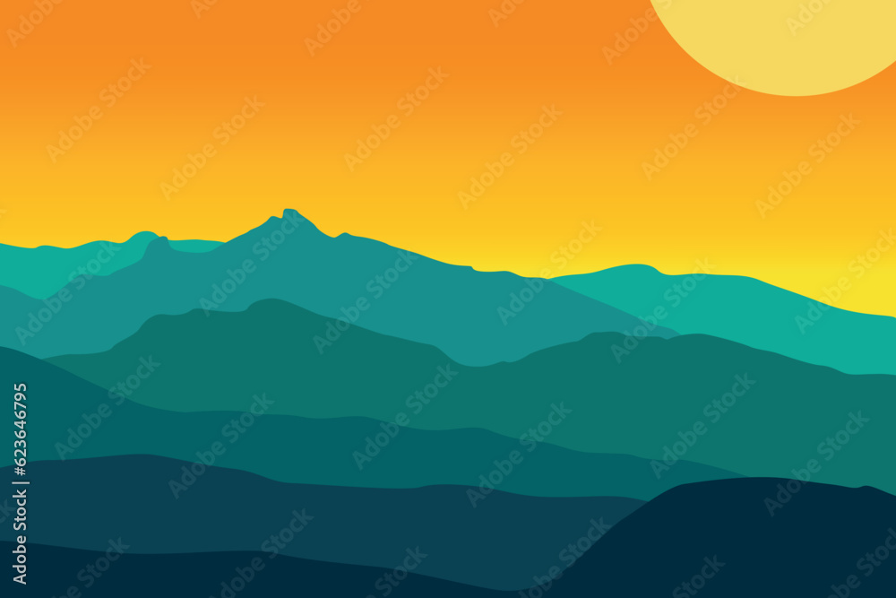 Beautiful landscape in mountains with a colorful tone. Vector illustration in flat style.