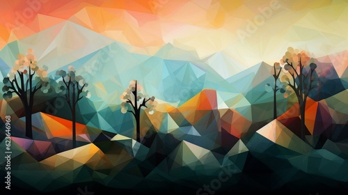 colorful mosaic illustration of forest and sun nature