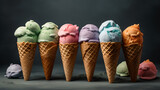 Various of ice cream flavor in cones, Generative AI