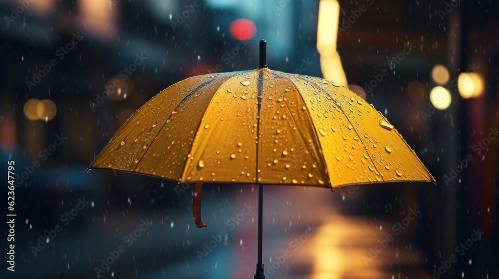 Rain drops falling from color umbrella concept for bad weather, winter or protection