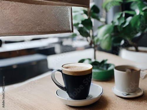 cup of coffee sits on a table next to a potted plant