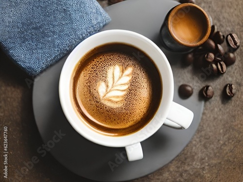 cup of latte art sits on a grey table