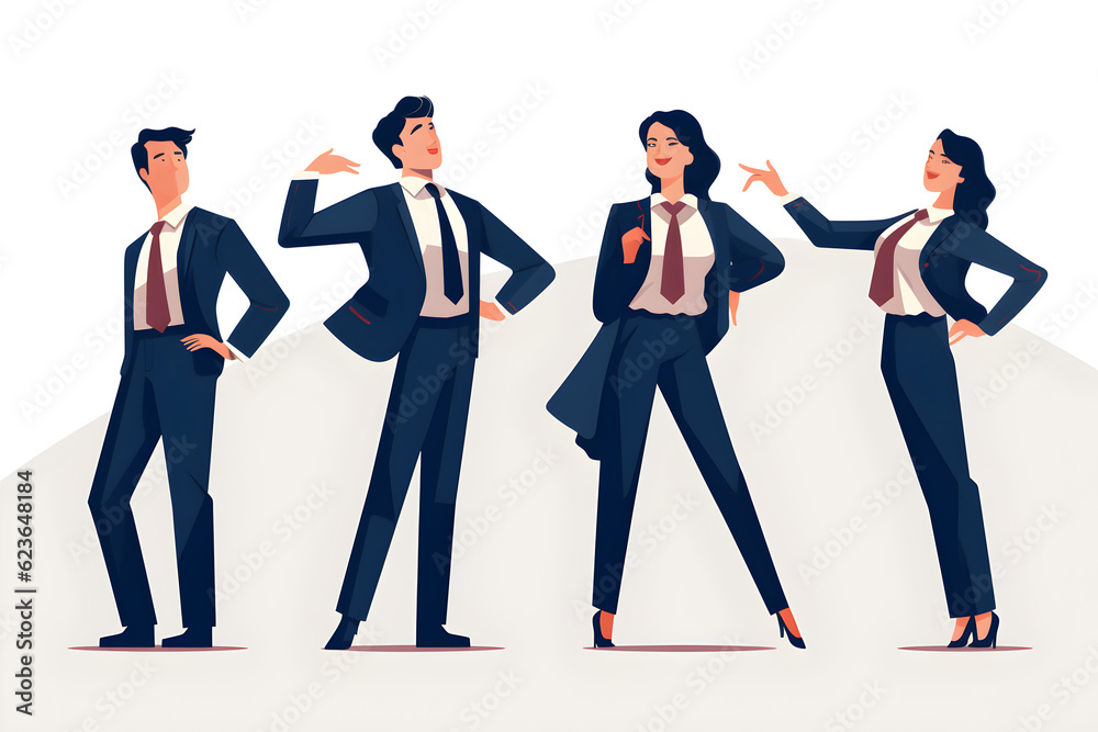 Obraz premium A group of four businessmen in business suits of varying sizes, in an illustration style inspired by graphic design, poses, male and female empowerment. generative ai