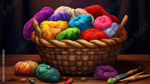 Different colored balls of wool in a basket