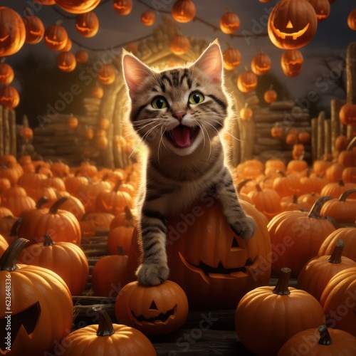 illustration of a cat and Halloween pumpkin. Halloween Cat and Jack o Lantern Background. Generative Ai. © Kowit