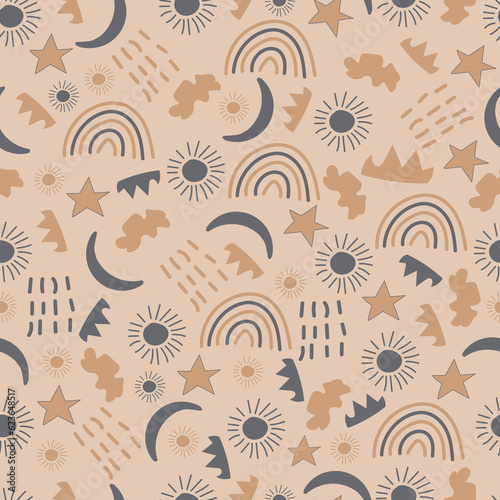 Exquisite childish seamless surface pattern design. Allover printed whimsical arrangement of hand drawn rainbows, suns and stars