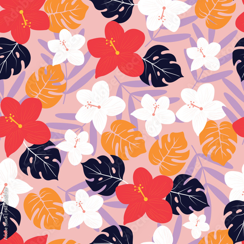 Floral seamless pattern. Exquisite allover print foliage background. Whimsical arrangement of monstera leaves and hibiscus flowers