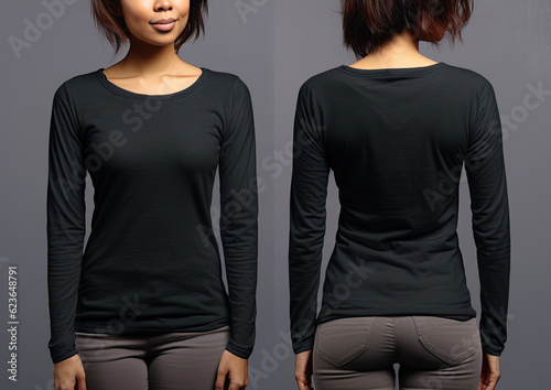 Woman wearing a black T-shirt with long sleeves. Front and back view
