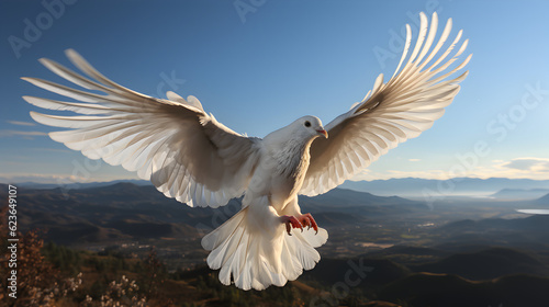 white dove flying in the sky and mountain background Generative AI