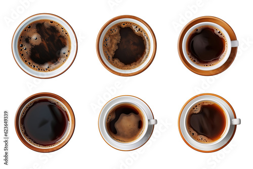 Top view a cup of coffee collection isolated on transparent background
