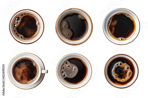 Top view a cup of coffee collection isolated on transparent background