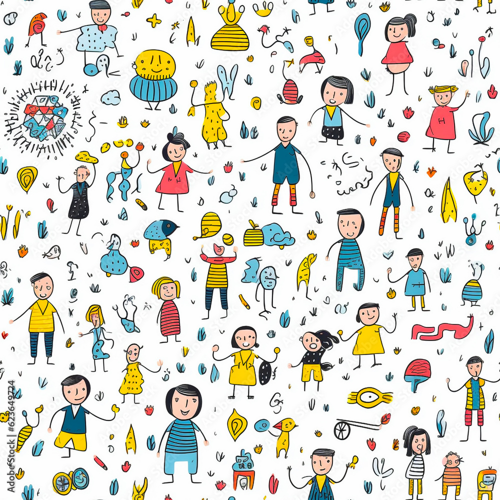 Seamless pattern with child pencil drawing cute cartoon and family drawing. Generative AI Seamless pattern with child pencil drawing cute cartoon and family drawing. Generative AI