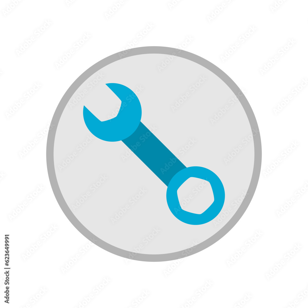 Blue wrench tool in gray circle icon flat vector design Blue wrench tool in gray circle icon flat vector design