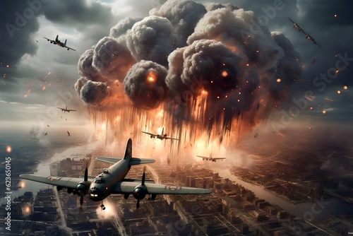 war planes shot each other and exploded in the sky in the world war II