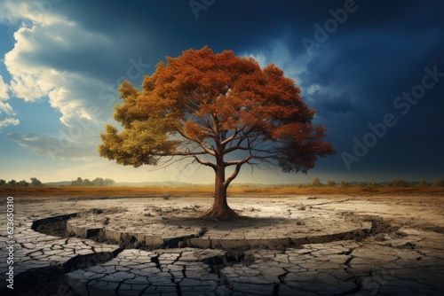 The impact of climate change, featuring a solitary tree standing on parched, dry land, symbolizing the profound effects of environmental transformation