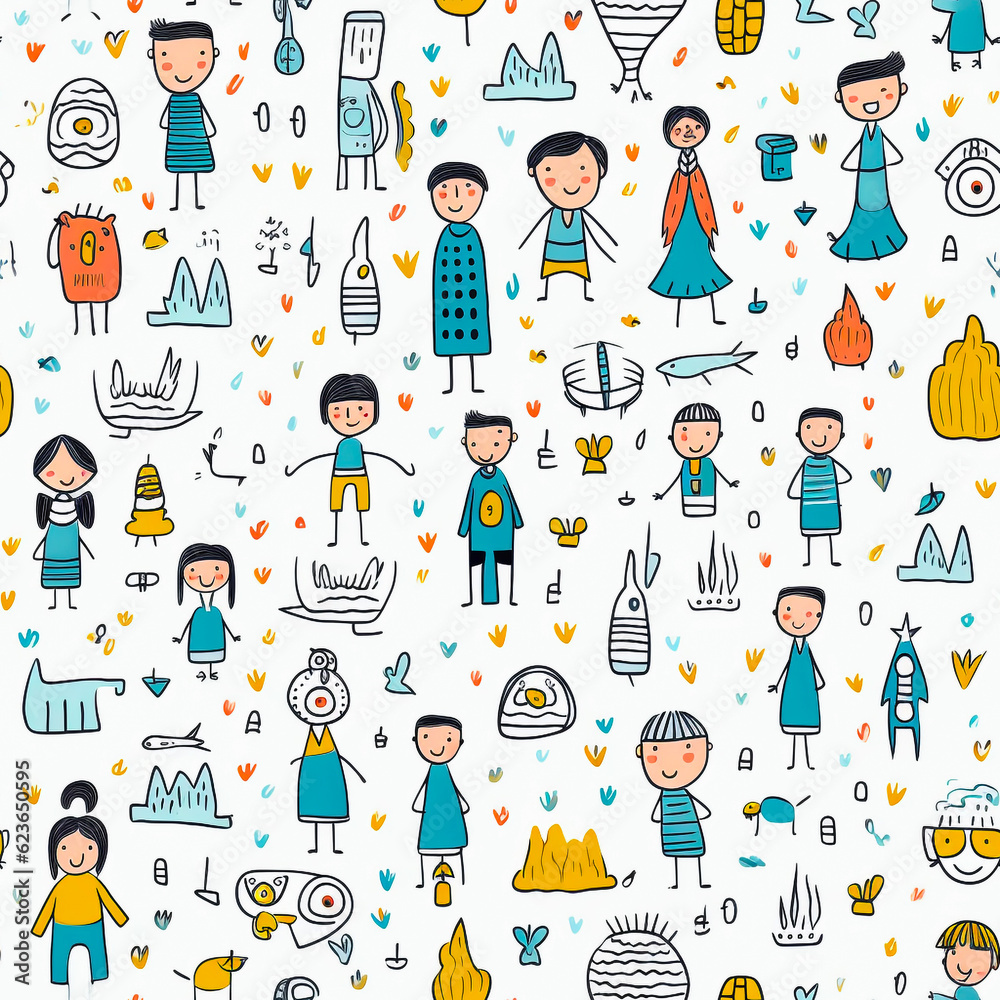 Fototapeta premium Seamless pattern with child pencil drawing cute cartoon and family drawing. Generative AI