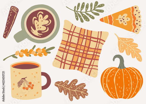 Photo Coffee cup, pumpkin pie, pillow, spice, forest leaves