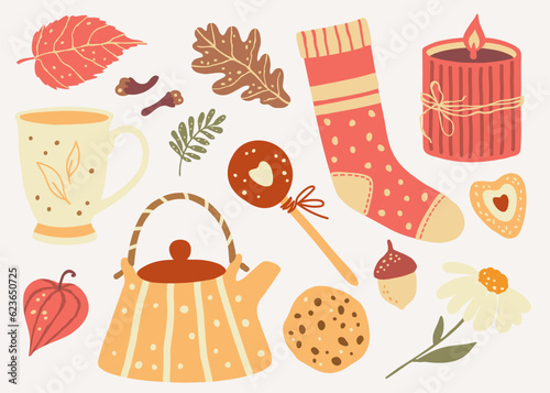Candle, tea pot, sweets and fall forest plants. Autumn mood clipart. Set of vector illustrations.