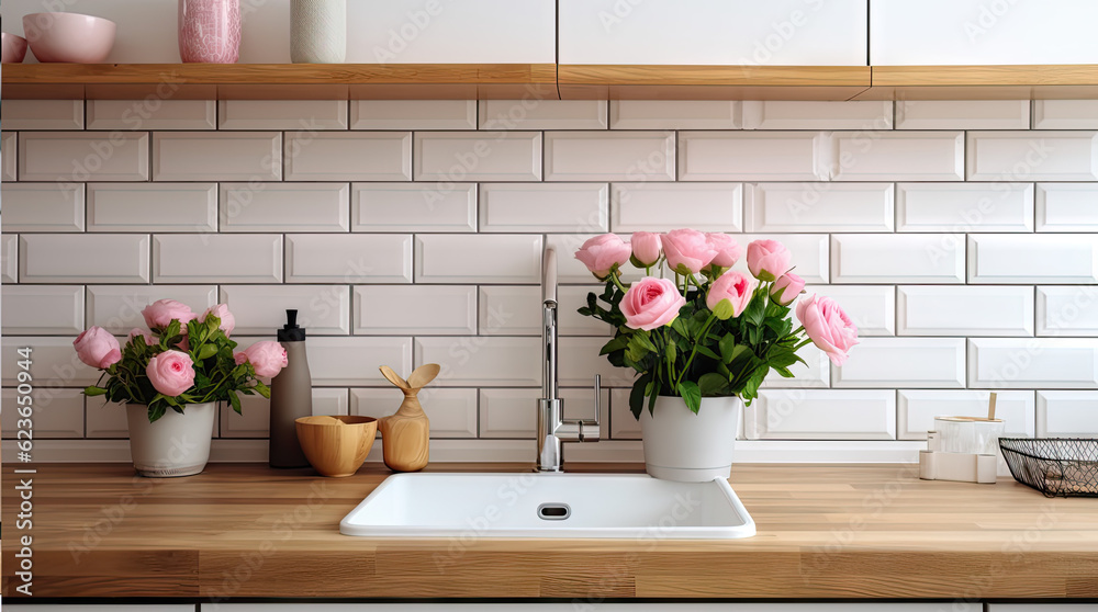 Closeup of kitchen interior. White brick wall, metro tiles, wooden countertops with kitchen utensils. Roses flowers in black sink. Modern scandinavian design. Home staging, cleaning concept.
