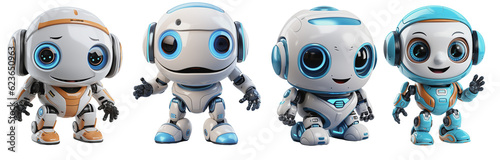 collection of little cute mini robots on a transparent background, Generative AI