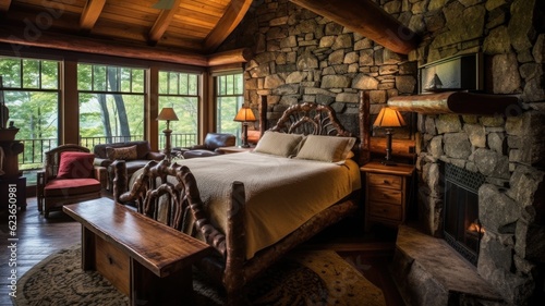 Bedroom decor, home interior design . Rustic Country style with Stone Fireplace decorated with Wood and Stone material . Generative AI AIG26. photo