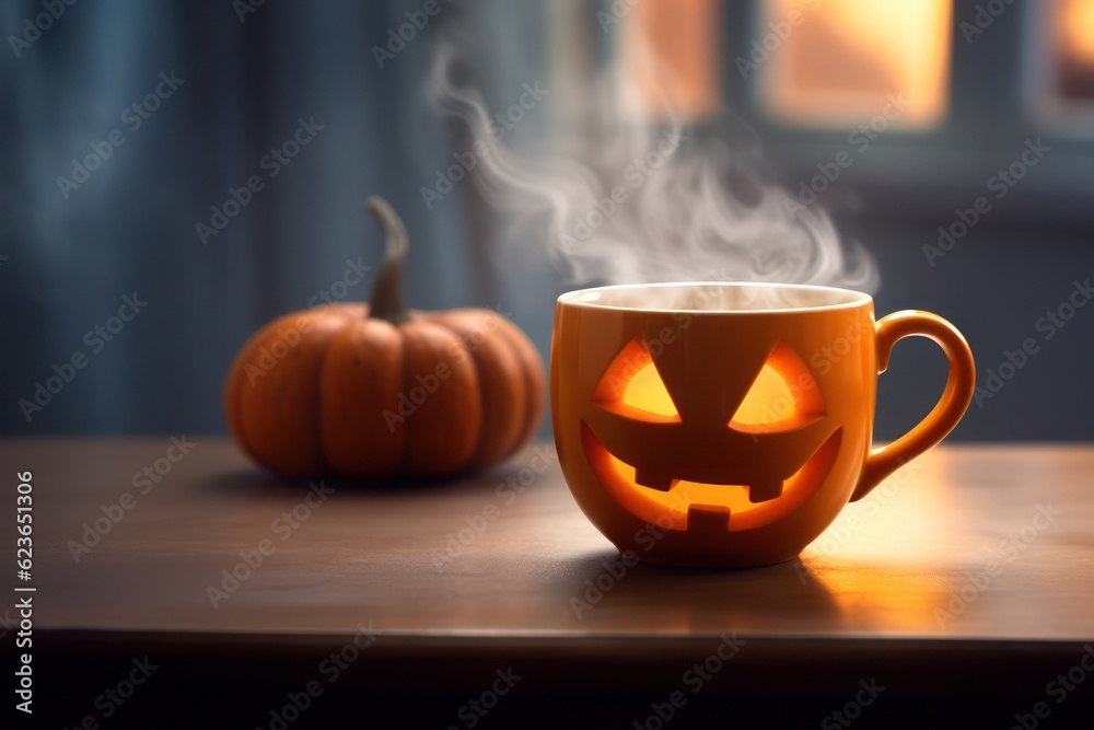 Halloween coffee,pumpkin cup with a hot drink, and steam a festive banner for a cafe with a copy space. Generative Ai.