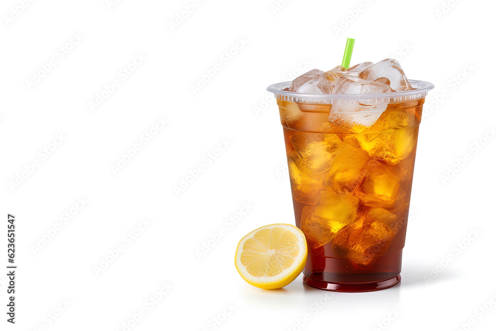 Iced lemon tea on plastic take-away glass isolated on white background with copy space Iced lemon tea on plastic take-away glass isolated on white background with copy space