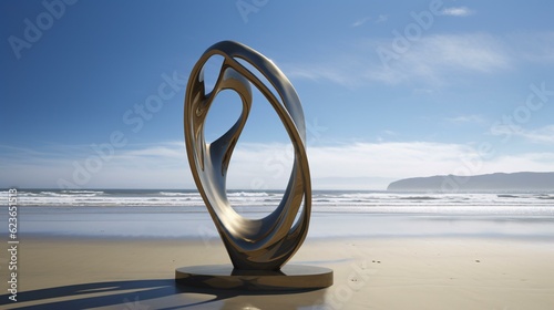 Metal sculpture on the beach at sunny day