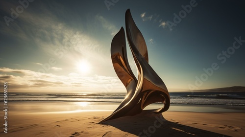 Metal sculpture on the beach at sunny day