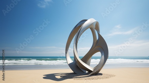 Metal sculpture on the beach at sunny day