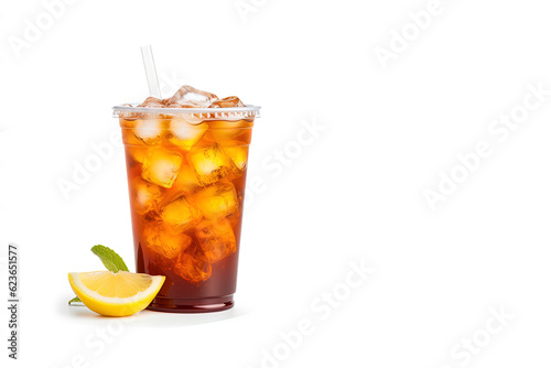 Iced lemon tea on plastic take-away glass isolated on white background with copy space