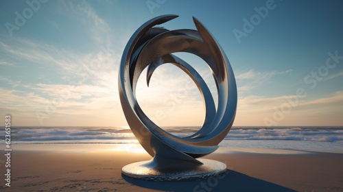 Metal sculpture on the beach at sunny day
