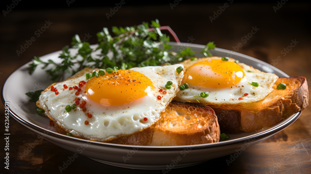 Breakfast fried eggs on wood background Generative AI Breakfast fried eggs on wood background Generative AI