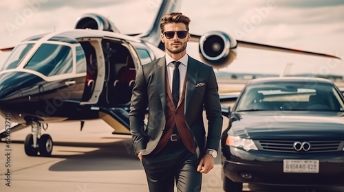 Young rich businessman getting out of a luxurious car parked next to a private airplane © Salsabila Ariadina