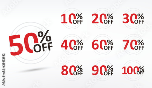 Sale and discount labels. Price off tag icon flat design collection set. 10%, 20%, 30%, 40%, 50%, 60%, 70%, 80%, 90%, 100%,