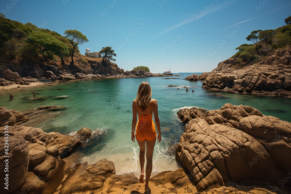 Young woman in orange swimsuit standing at the edge of a cliff and looking at the sea, Generative AI