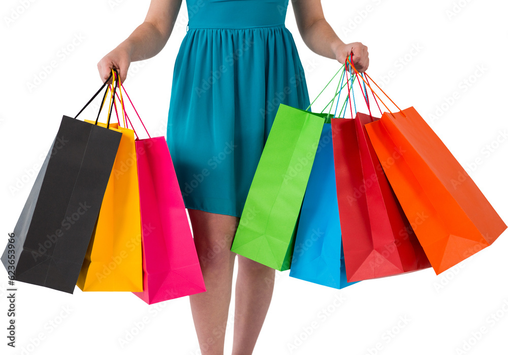 Digital png photo of midsection of caucasian woman with present bags on transparent background