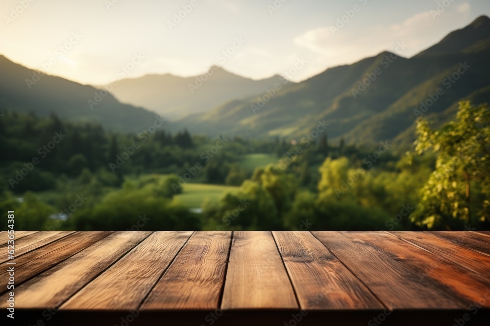 Wooden table in front of blurred rice field with bokeh background, Generative AI Wooden table in front of blurred rice field with bokeh background, Generative AI