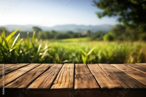 Wooden table in front of blurred rice field with bokeh background  Generative AI
