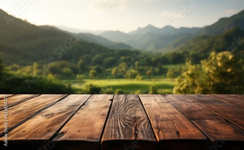 Wooden table in front of blurred rice field with bokeh background, Generative AI © tanatat