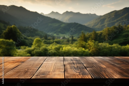Wooden table in front of blurred rice field with bokeh background, Generative AI