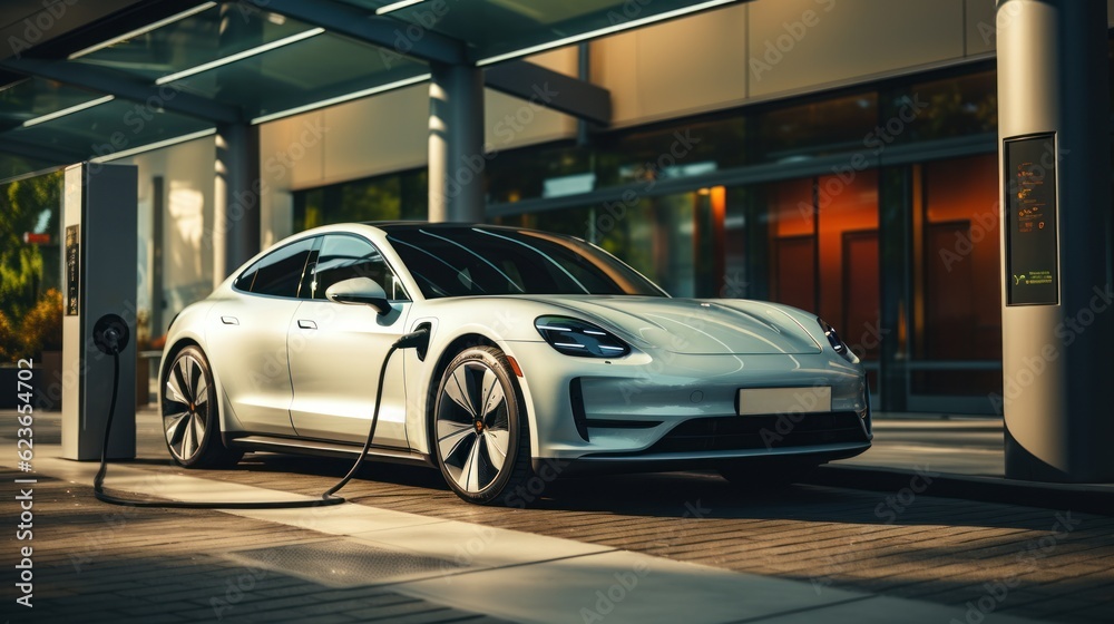 Electric car charging at a charging station in an urban environment, Generative AI