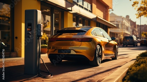 Electric car charging at a charging station in an urban environment, Generative AI