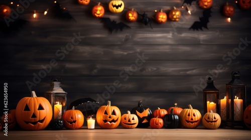 Halloween pumpkin jack lantern on wooden background. Generative Ai.