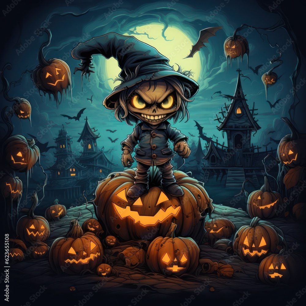 Fototapeta premium Jack O’ Lanterns pumpkins glowing at spooky mysterious Halloween night. Scary creepy nightmare Halloween concept design. 3D illustration. Generative Ai.