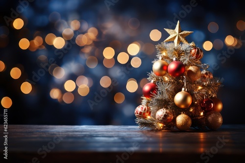 Wallpaper Mural Christmas tree and decoration on wooden table with bokeh background, Generative AI Torontodigital.ca