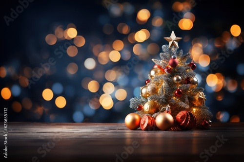 Wallpaper Mural Christmas tree and decoration on wooden table with bokeh background, Generative AI Torontodigital.ca