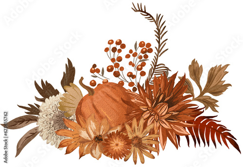 Autumn floral digitally painted illustration with orange pumpkin