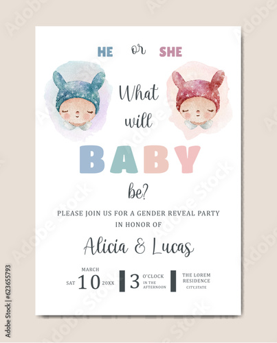 Gender reveal invitation card watercolor template background